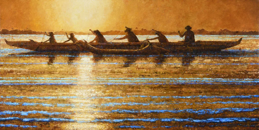 Ia Waa Kialoa (That Long Canoe) by Jeanne Bitz, Oil, 40 x 80 x 1.5