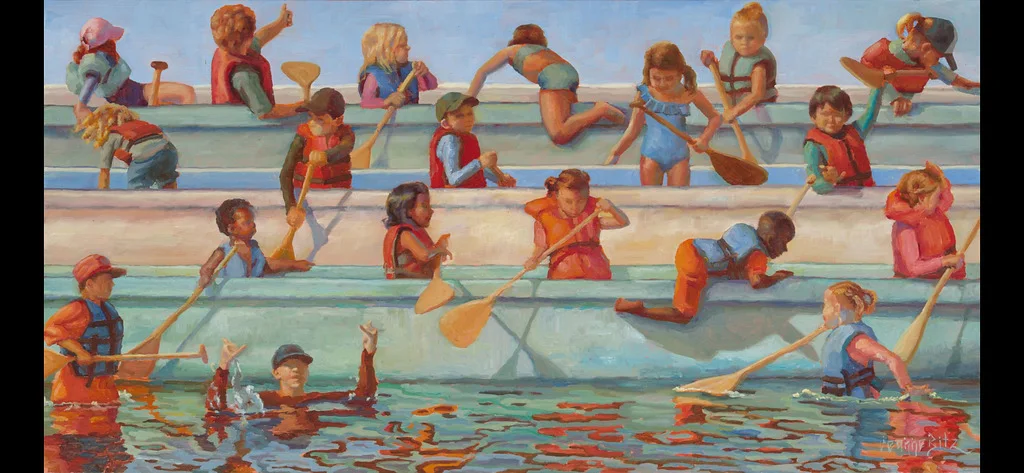 Keiki Canoe Race by Jeanne Bitz, Oil, 12 x 24 x 1.5
